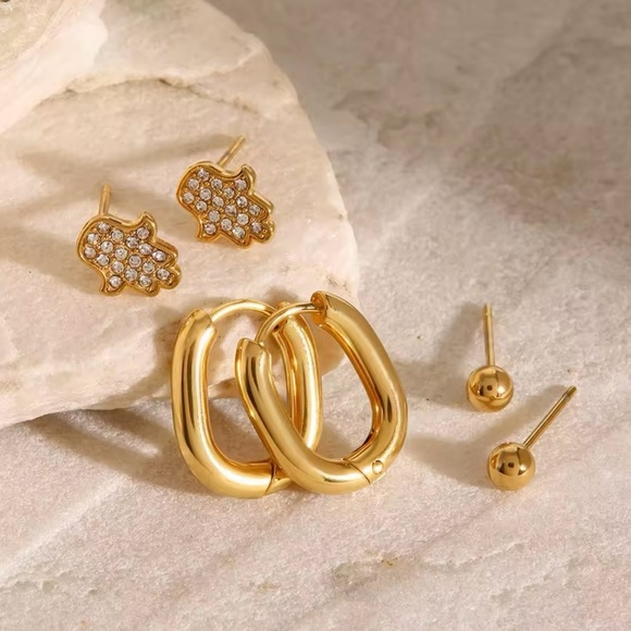 NEW✨ 3Pcs Stainless Steel Cubic Zirconia Hamsa Stud Oval Hoop Earrings Set - Picture 7 of 10